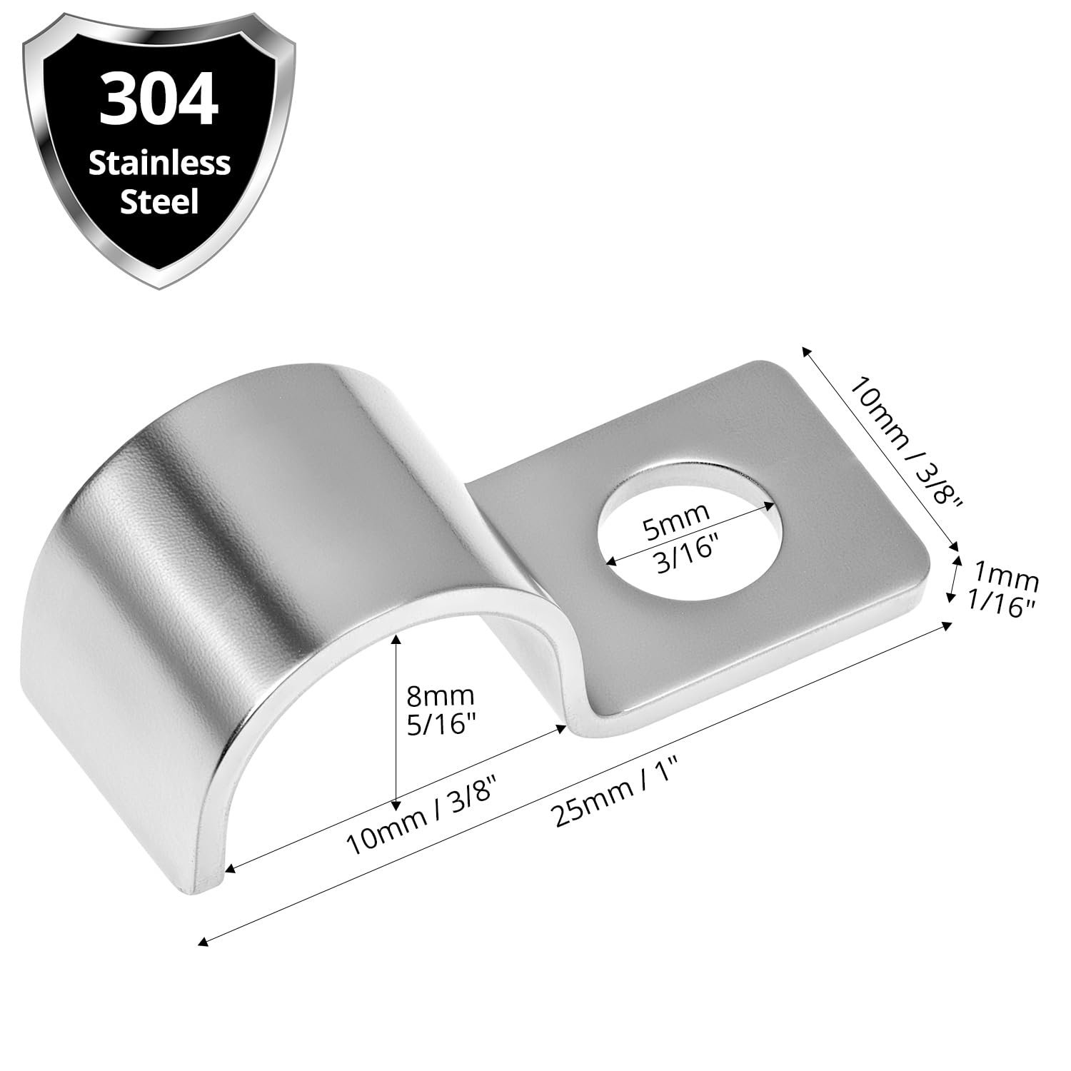 QWORK® 50 Pcs Pipe Clips 10mm Clamp, 304 Stainless Steel U Brackets for 9-10mm Cables & Water Pipes, Silver, 9-10 mm - Image 2