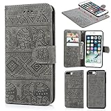 iPhone 8 Plus Case, iPhone 7 Plus Case Premium PU Leather Wallet Case Oil Wax Elephant Pattern with Detachable Magnetic Card Holder ID Slot for iPhone 7 Plus & iPhone 8 Plus Gray