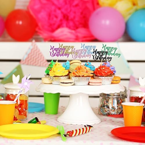 Miniatura 8 de Donoter 24 piezas de adornos para cupcakes de feliz cumpleaños rojo con purpurina para decoración de fiestas de cumpleaños