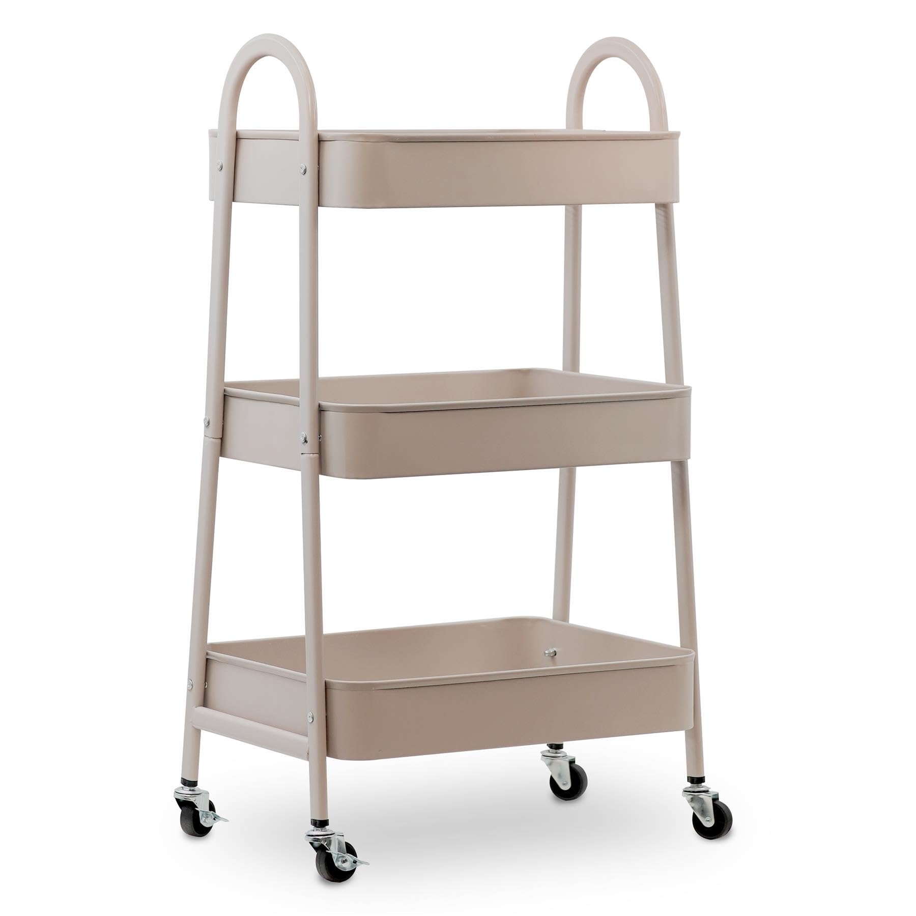 GEEZY 3 Tier Storage Trolley on Wheels - Beige Metal Rolling Cart with Mesh Shelves & Side Handles - Multipurpose Kitchen Trolley Storage & Bathroom Caddy Organiser for Home, Office, Crafts & Beauty