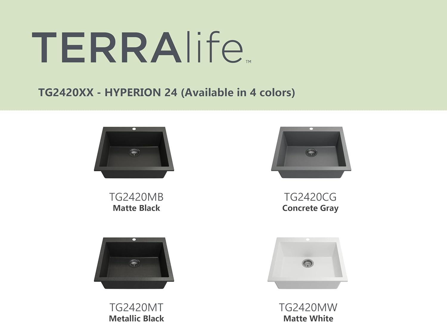 Image showing different color options for the Hyperion 24 sink, including Concrete Gray (TG2420CG)