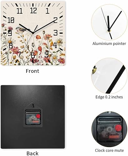 Miniatura 4 de Fall Wild Flowers Wooden Wall Clock Silent Non Ticking, Country Retro Birds Farmhouse Floral Square Wall Clock Battery Operated, Decor Clock for