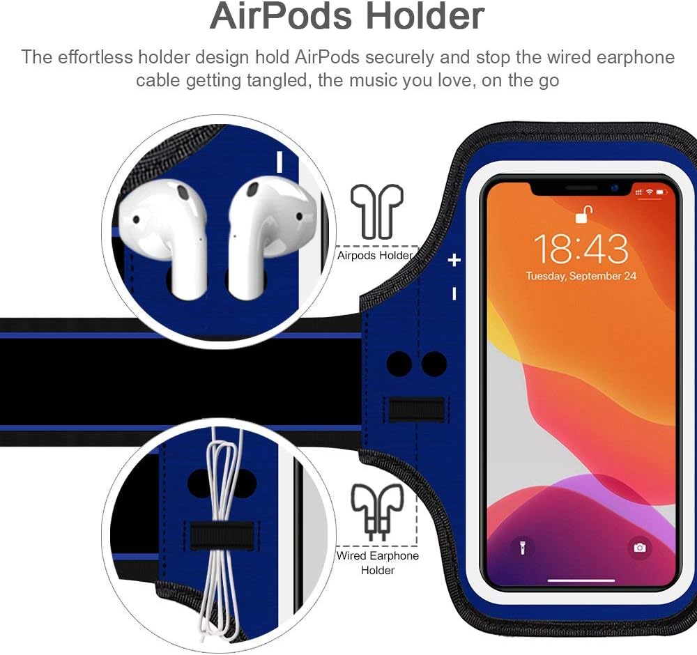 iPhone 14 Pro, 13 Pro, 12 Pro, 11 Pro Armband with Airpods Holder, JEMACHE Gym Workouts Running Arm Band Case for iPhone X, XS, 11Pro, 12Pro, 13Pro, 14Pro (Navy Blue)