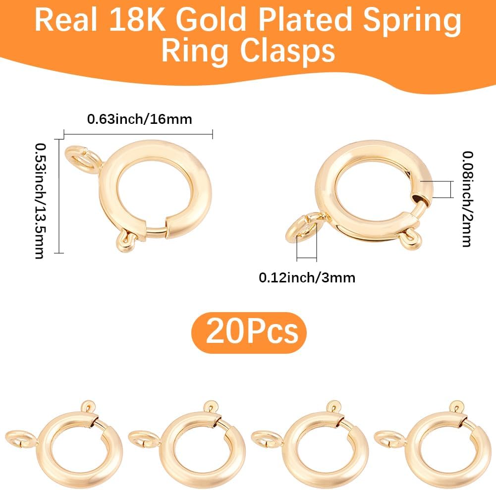Beebeecraft 1 Box 20Pcs Spring Ring Clasps 16x13.5x2mm Small 18K Gold Plated Brass Round Necklace Clasps and Closures Replacement for Jewelry Making Bracelets Charms DIY Craft (Hole: 2.7mm)