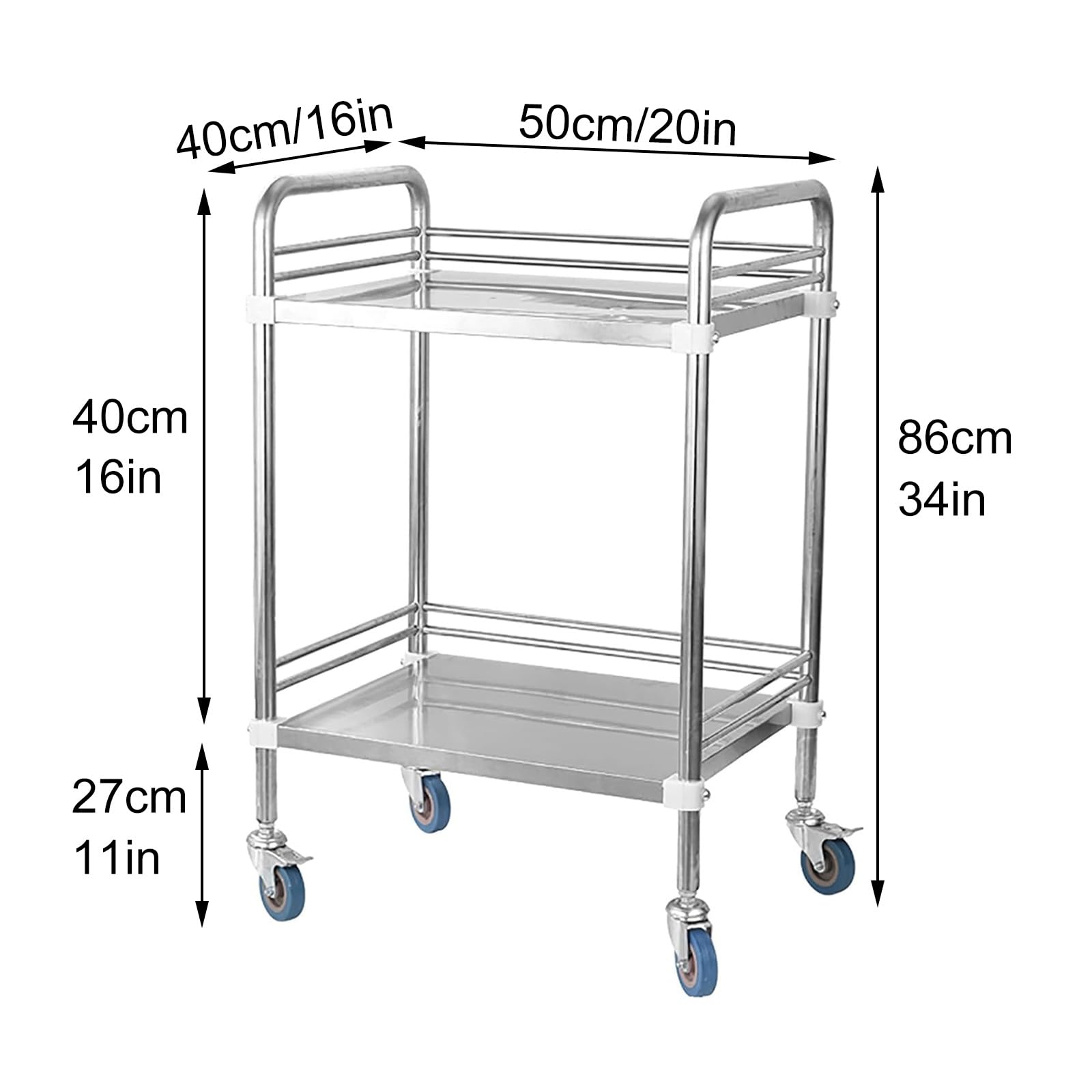 Carrito Médico de Laboratorio de 2 Estantes, Carro Médico con Ruedas, Carro de Acero Inoxidable para Almacenamiento en Clínicas, Laboratorios, Salones, Más(50x40x86cm/20x16x34in)