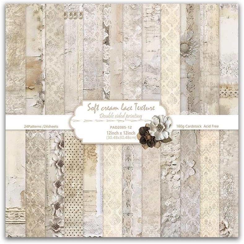 Soft Cream Lace Scrapbook Paper 24 Sheets Pattern Paper Double Sided Printing for DIY Card Making Scrapbook Wedding Photo Album Home Décor-12 x 12 Inches
