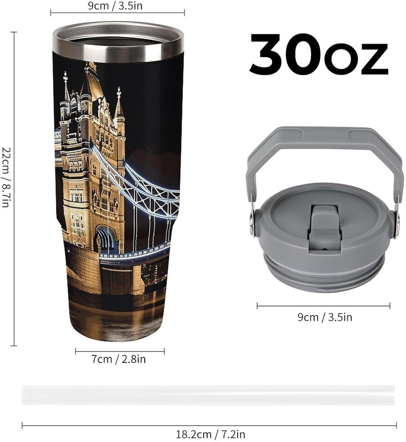 30oz Insulated Tumblers with Top Handle, Stainless Steel Night London Tower Bridge Car Cup with Straw for Gift, Leak-Proof Double Wall Vacuum Travel Mug, Personalized Water Bottles White