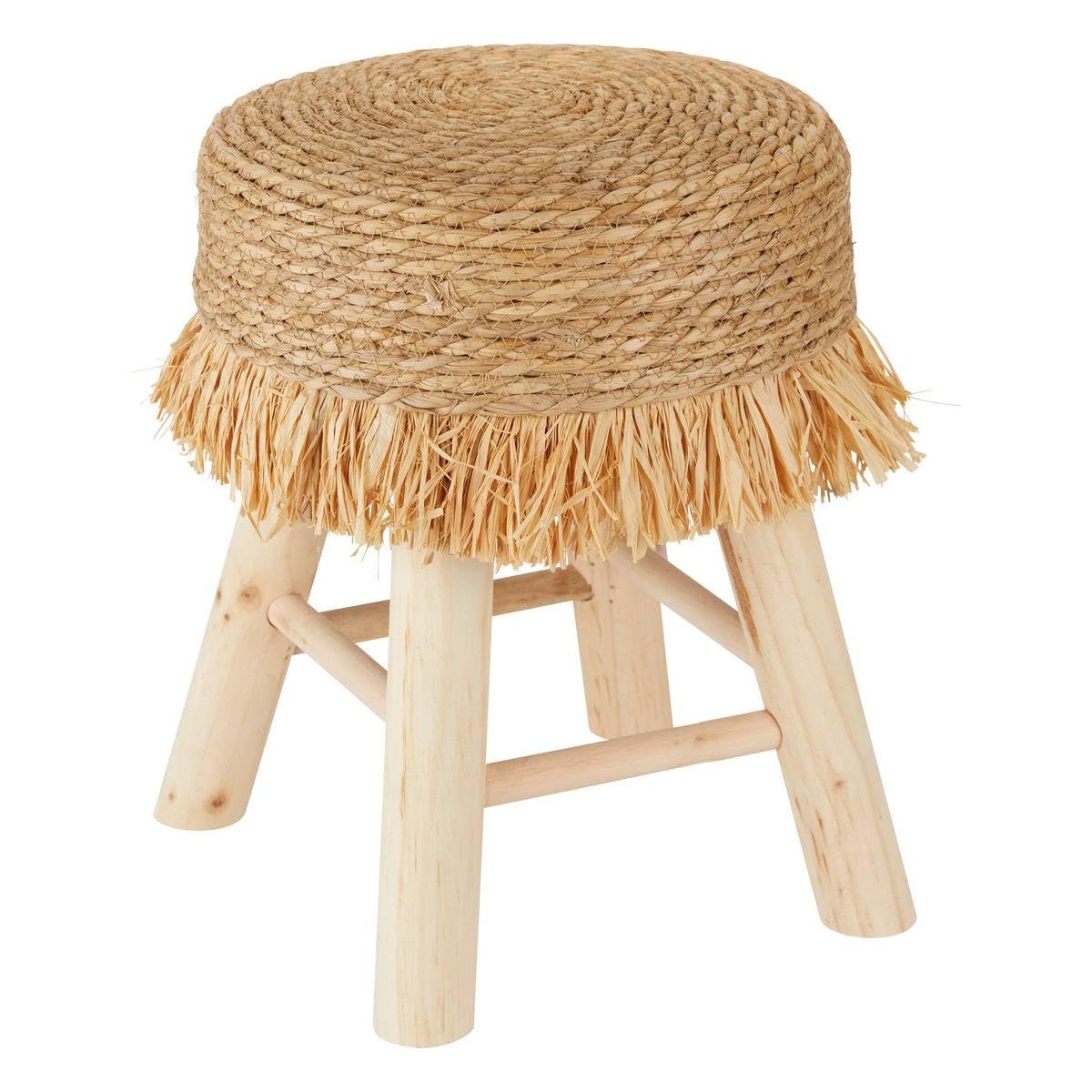 Atmosphera - Tabouret Bohème Gimpo - Beige - D 30 x H 40 cm - Pieds en Bois, Assise Tressée à Franges - pour Salon, Chambre, Entrée