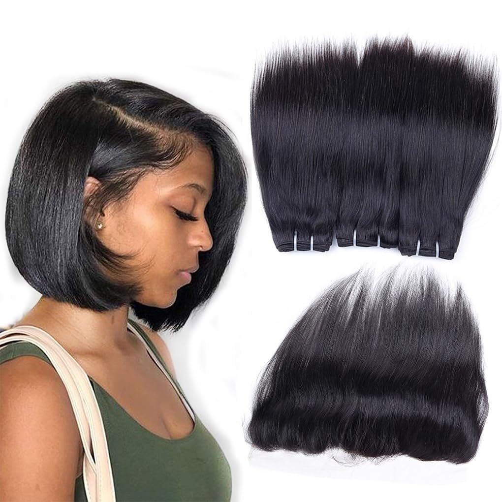 12A Human Hair Bundles with Frontal Closure 10 10 10+10 3 Bundles Human Hair with 13x4 HD Lace Frontal 12A 100% Virgin Brazilian Straight Hair Bundle Extensions Double Weft