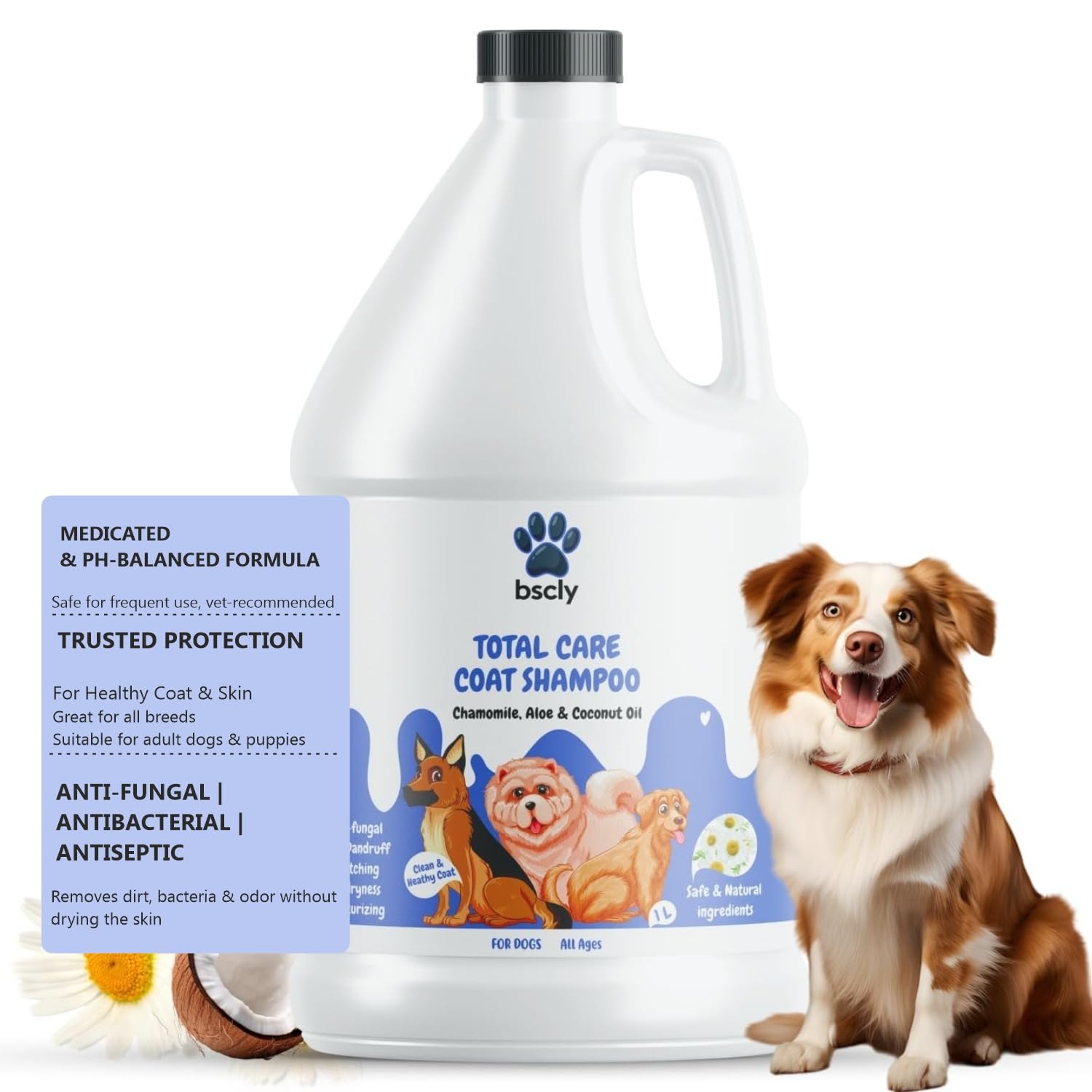 - Bscly Total Care Pet Shampoo 1000Ml - Puppy Safe Anti Ticks and Fleas Dog Shampoo | Anti-Fungal, Antibacterial, Antiseptic & pH Balanced Dog Shampoo | Regular use Coat Cleansing Shampoo for Pets