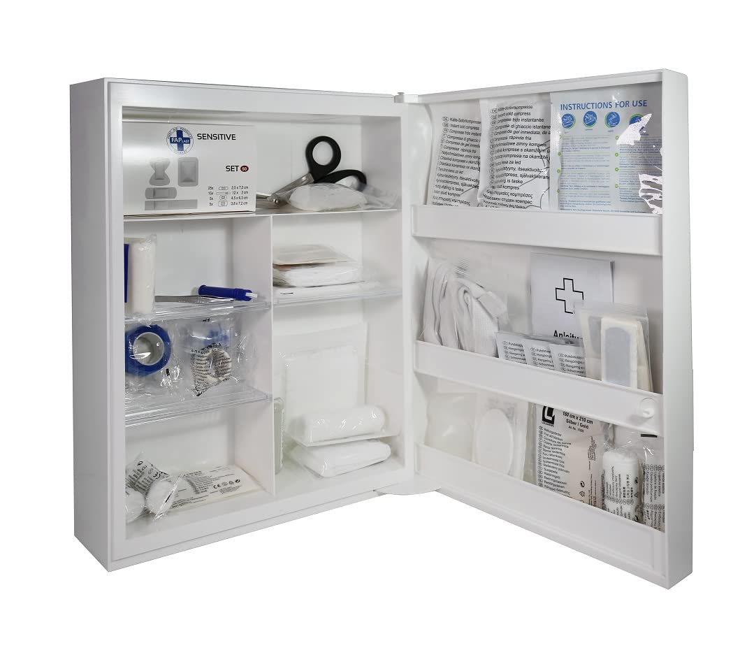 Armadietto di pronto soccorso secondo DIN 13157, armadietto medico in plastica con 10 scomparti (4 rimovibili), chiusura di sicurezza - 45 x 34,5 x 16 cm - robusto e compatto