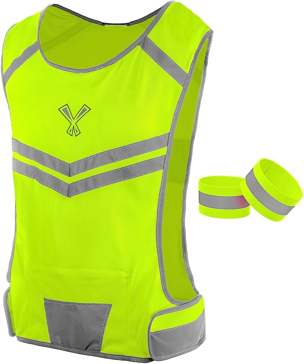 Reflective Running Vest with Pocket & 2 Bands with High visibility for Night Running, Walking & Cycling