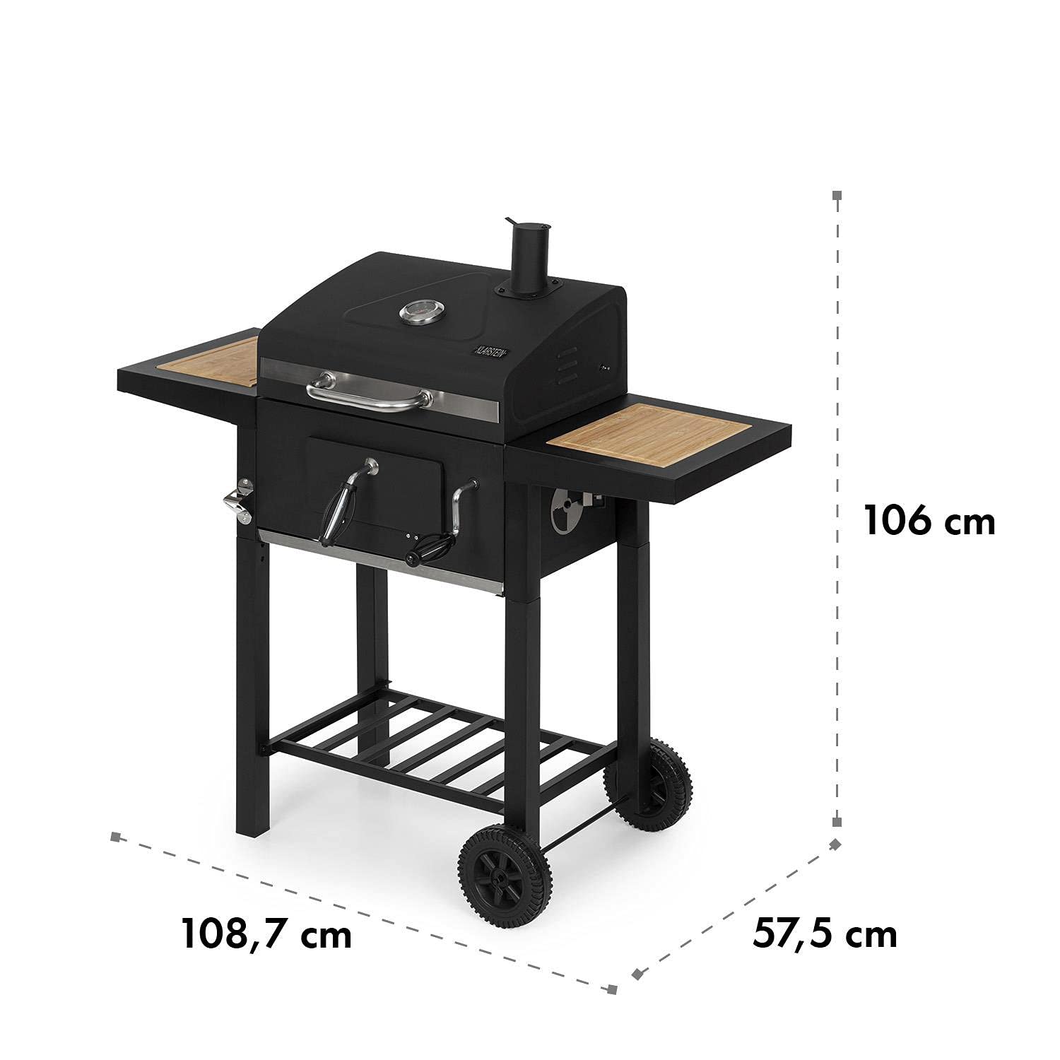 Klarstein Meat Machine - Barbacoa de carbón, Sistema de ventilación, Chimenea, Termómetro, Brasero altura regulable, Ruedas, Mesas laterales, Mango tacto frío, Acero cromado, 45 x 32,5 cm, Antracita