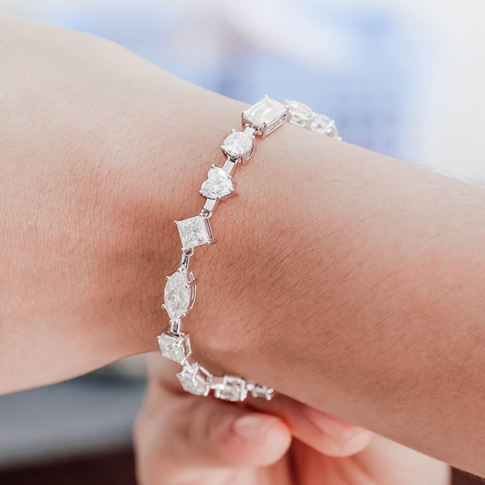 Pulsera de moissanita, pulseras de oro blanco con dije geométrico de moissanita para promesa de boda