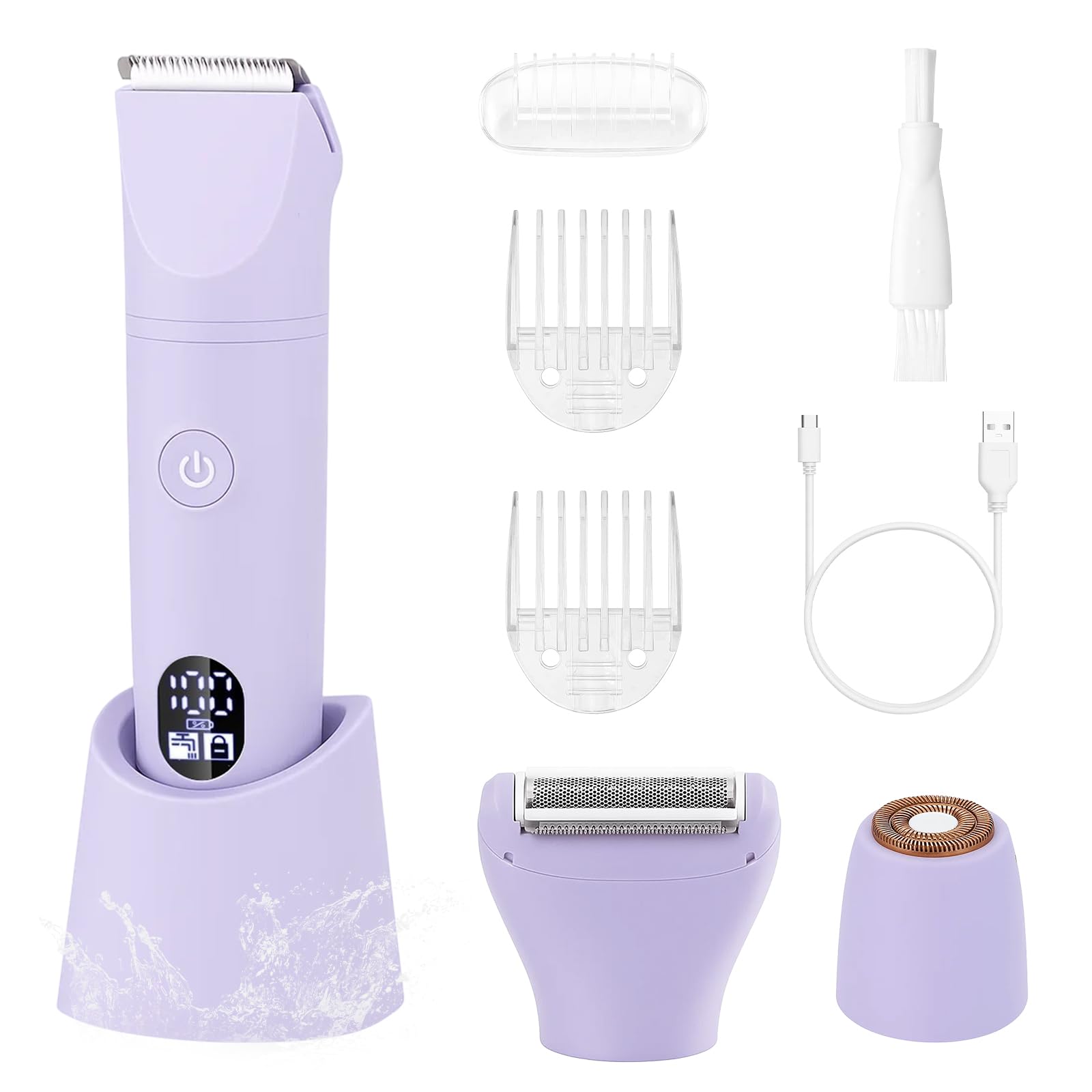 3-in-1 Damenrasierer Elektrisch, Gesicht, Achseln, Beine & Bikinizone, Körpertrimmer & Intimrasierer mit 3 austauschbaren Klingen, LCD-Display, IPX7 wasserdicht, USB aufladbar (Lila)