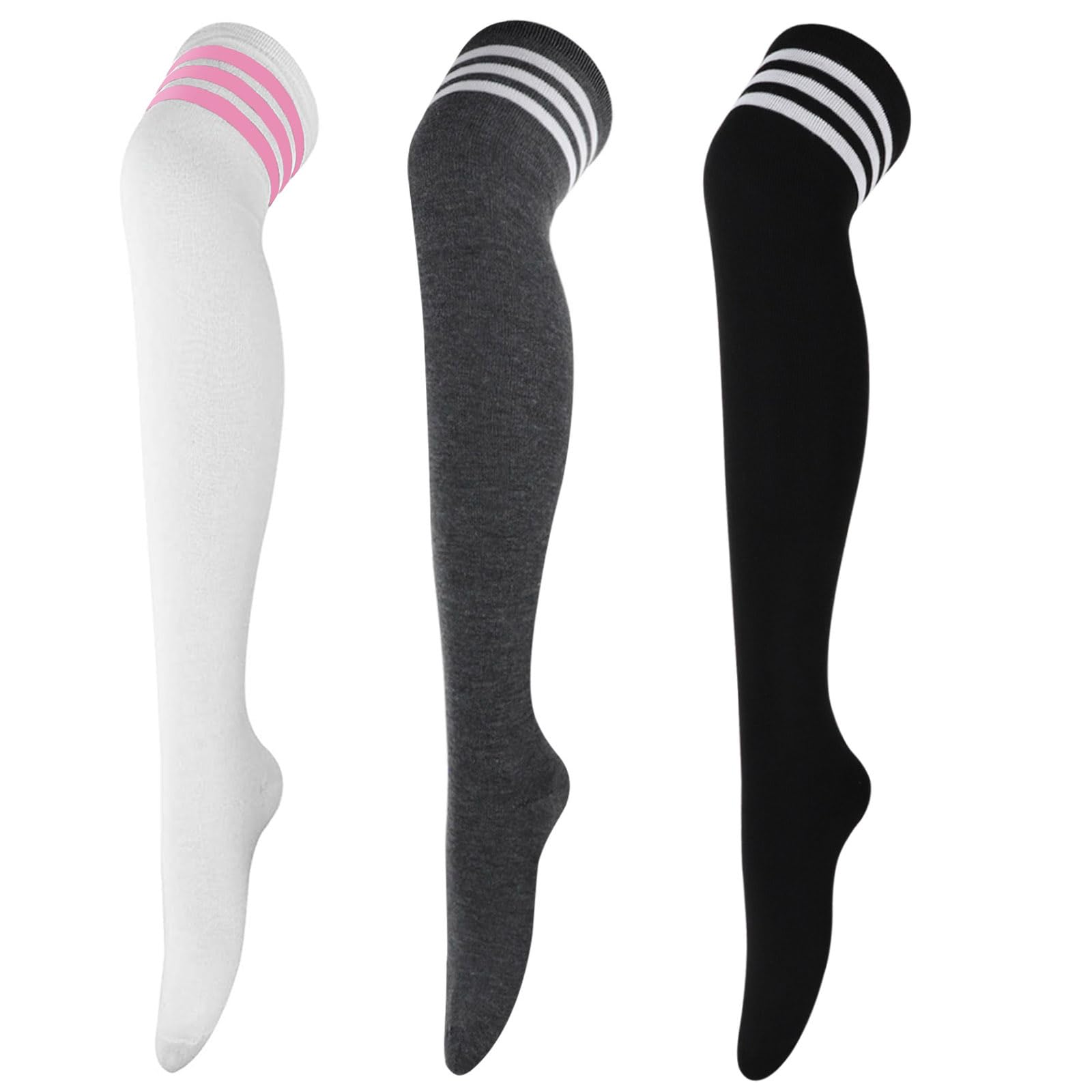 DRESHOW 3 Pairs Thigh High Socks Striped Over Knee Thin Tights Long Stocking Knee High Leg Warmer: 3 Pairs A: White/Dark Grey/Black
