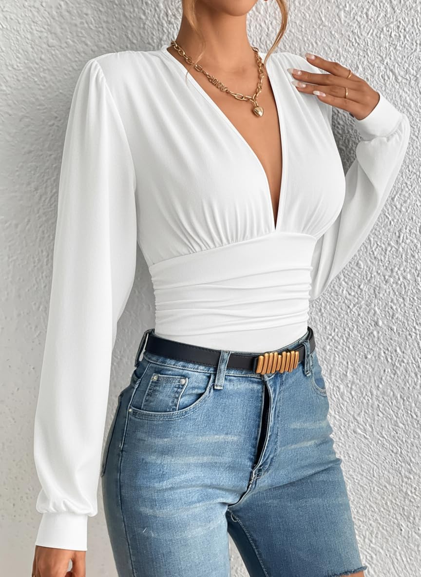 LIGHT DOT Women's Long Sleeve Bodysuit Blouse Tops V Neck Dressy Going Out Leotard Shirts