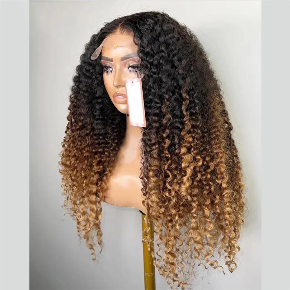 Kinky Curly Glueless Wig Ombre Blonde And Brown Color Deep Wave 180% Density Transparent 13x4 HD Lace Front Wigs For Black Women With Baby Hair Pre Plucked Brazilian Remy Hair Bleached Knots 14 Inch