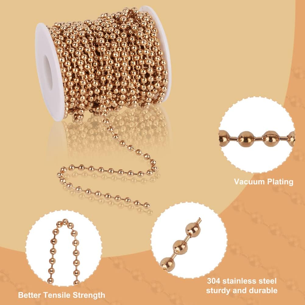 32.8 Feet Vacuum Plating 304 Stainless Steel Ball Bead Soldered Chain with Chain Spool Gold Color Chains for Necklace Bracelet DIY Craft Making Jewelry Accessories