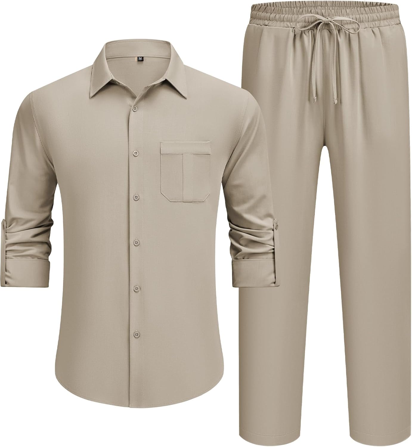 WEEN CHARM Mens Shirts Casual 2 Piece Long Sleeve Button Down Cuban Shirt and Pants Set Summer Beach Outfits - Image 2