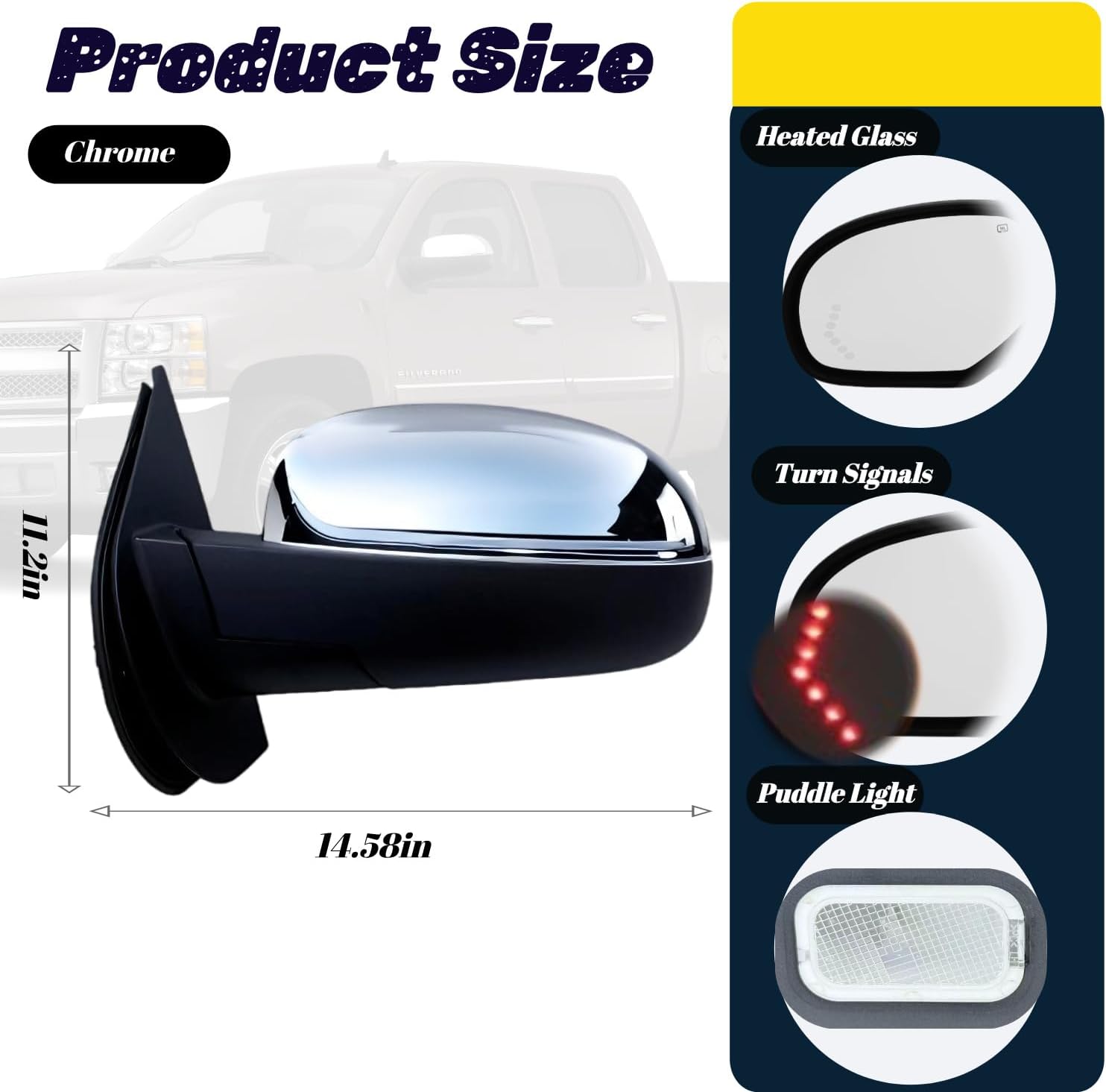 Driver Side Mirror Compatible With 2007-2013 Chevy Silverado Suburban Tahoe GMC Sierra Yukon With Heated Power Glass Turn Signal Puddle Light Power Folding Chrome