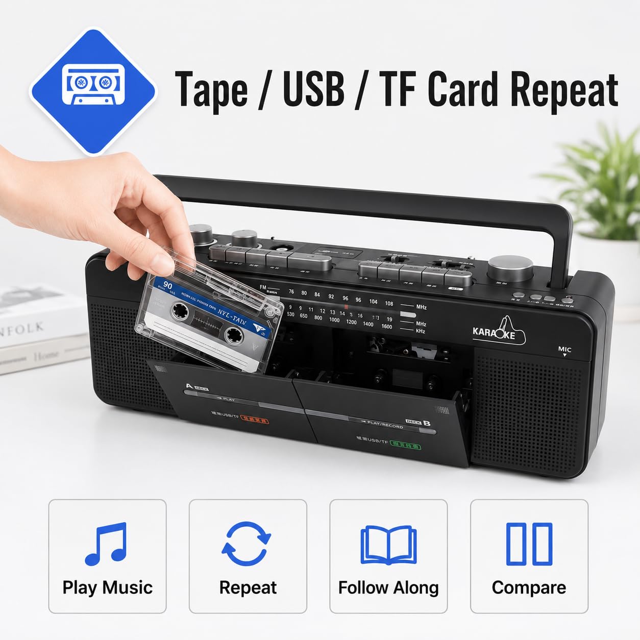 Doppio lettore nastro - Registratore a cassette - Radio FM/SW/WM - Disco MP3/U, riproduzione di schede TF - Registrazione con un clic