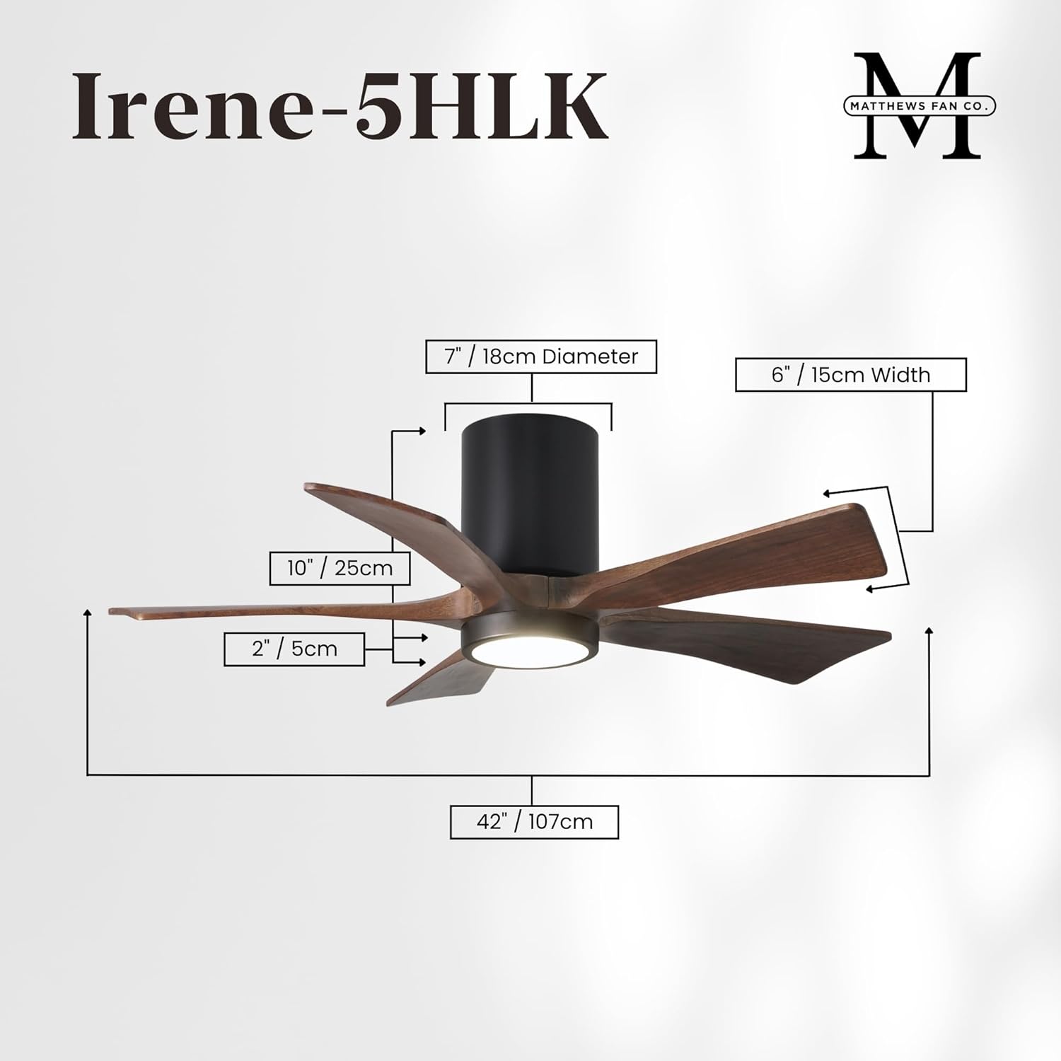 Matthews IR5HLK-BK-WA-42 Irene 42" Damp Rated Flush Mount Ceiling Fan with Light and Remote & Wall Control, Silent DC Motor, Matte Black with Walnut Tone