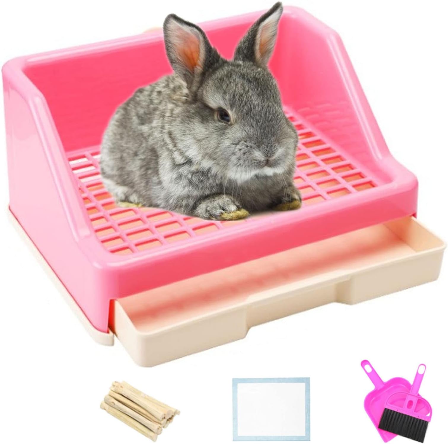 Hamiledyi14 Pcs Rabbit Litter Box with Drawer Urinal Pad Pet Toilet Cage Trainer Corner Potty Cleaner Broom Brush Dustpan for Guinea Pigs Chinchilla Ferret Bunny Hedgehog Small Animals(Pink)
