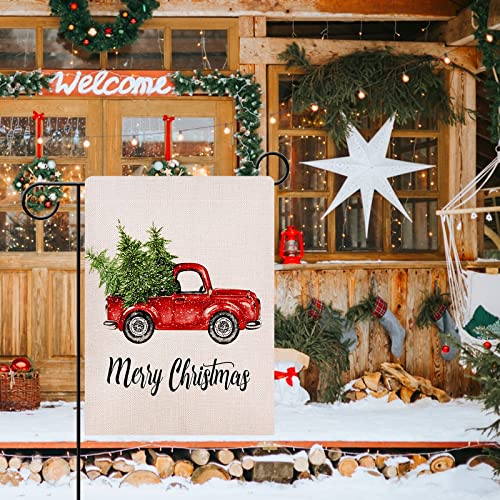 Dyrenson Decorative Merry Christmas Garden Flag Vintage Tree, Home Xmas Quote House Yard Flag With Red Truck, Rustic Winter Garden Yard Decorations, New Year Seasonal Outdoor Flag 12 X 18 Holiday #TOP4
