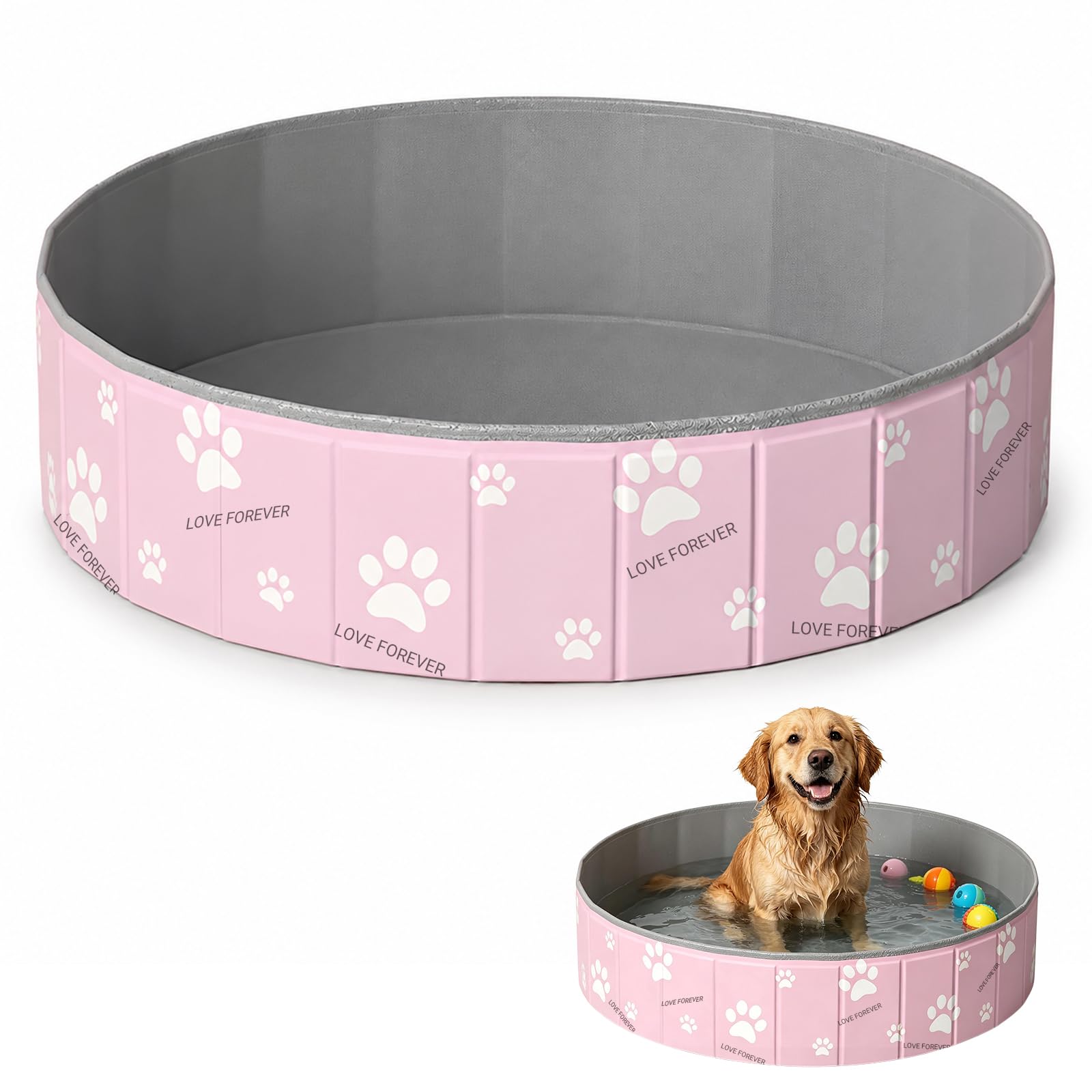 ZoneYan Piscina Pieghevole per Cani 80 * 30 cm, Vasca da Bagno per Cani Antiscivolo in PVC, Piscina per Cani con Doppio Scarico, Doccia Pieghevole per Animali per Cani Piccoli e Medi (Rosa)