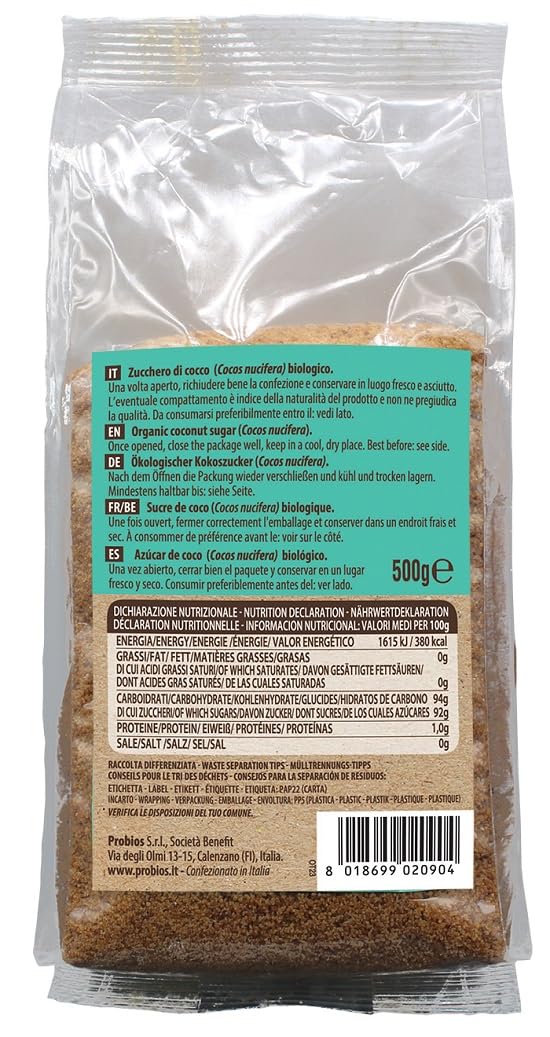 Probios Azúcar de Flor de Coco Ecológico – Ideal para repostería, bebidas y un dulzor natural – Azúcar de coco premium – 500 g