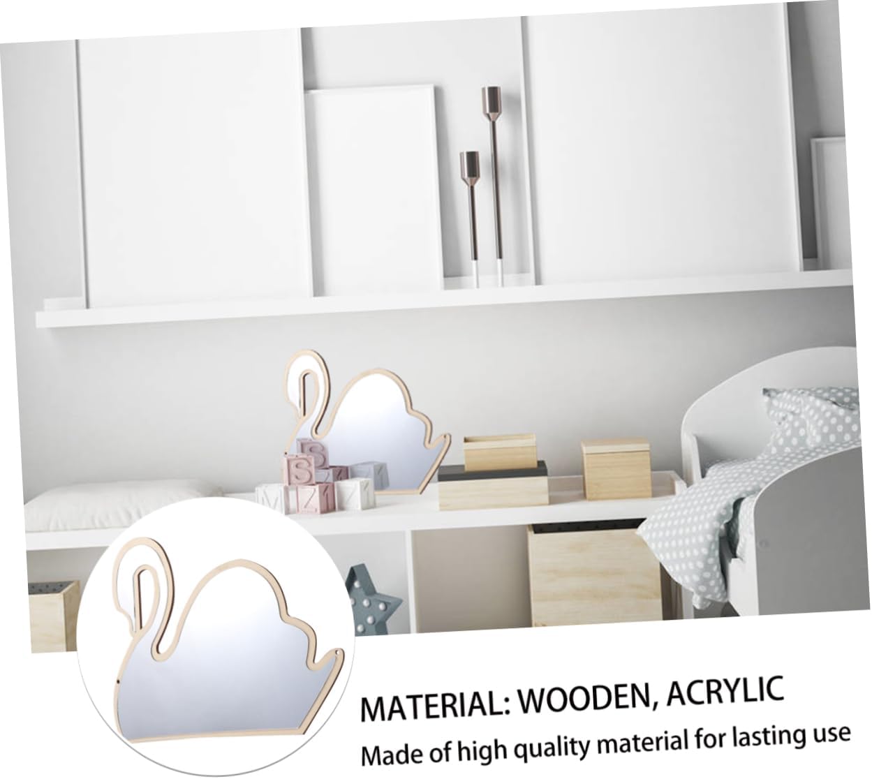 Decorative Wooden Swan-Shaped Mirror for Boy Girl Nursery Easy to Install Reflection Cute Design for Room Decor Khaki