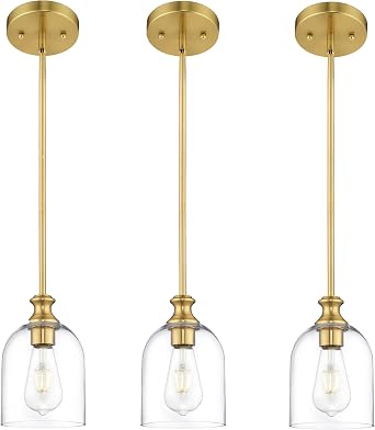 AUTELO Gold Pendant Lights, Pendant Lights Kitchen Island in Brushed Gold Finish with Clear Cylinder Glass, Vintage Pendant Light Fixtures, Vintage Hanging Lights for Kitchen Island H2511 CLBG3PK