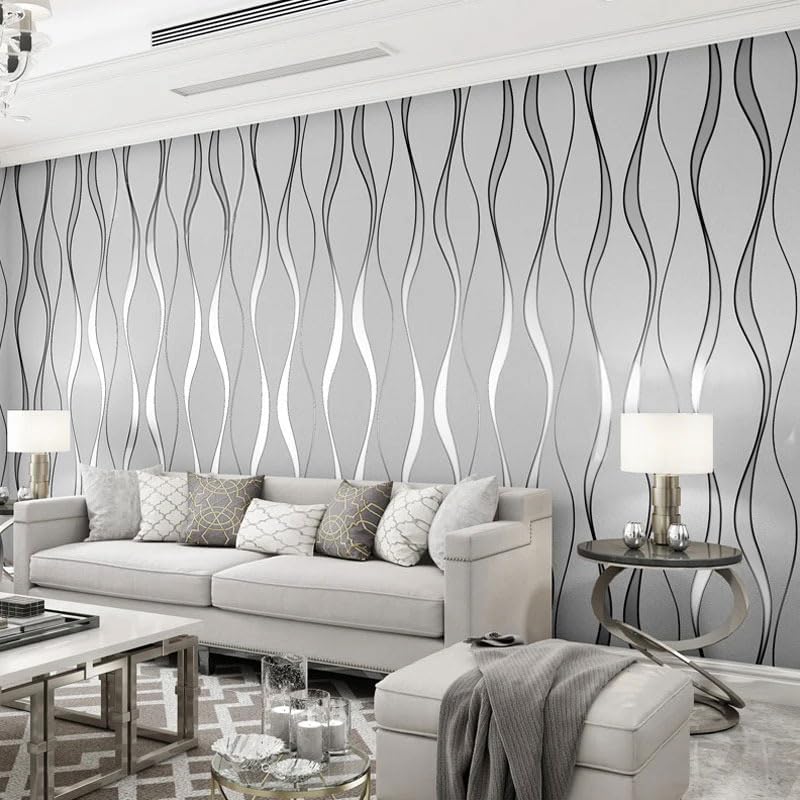 Snewvie Grey Wallpaper Wave Stripes Glitter Wallpaper 3D Effect Textured Wall Paper Flocking Embossed Roll Wallpapers for Living Room Adults Bedroom Hallway Kitchen
