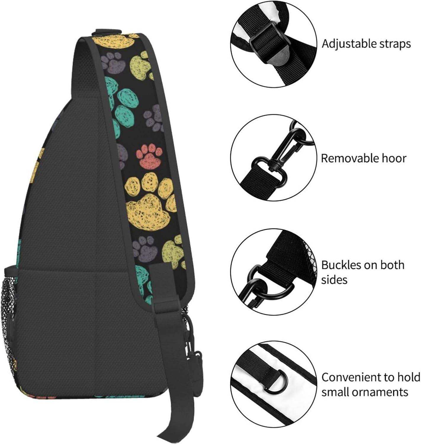 Colorful Paw Print Crossbody Sling Bags for Women Men Rainbow Puppy Dog Paws Doodle Style Travel Sling Backpack Casual Chest Shoulder Bag Cute Animal Footprint Gym Sports Hiking Daypack - Image 4