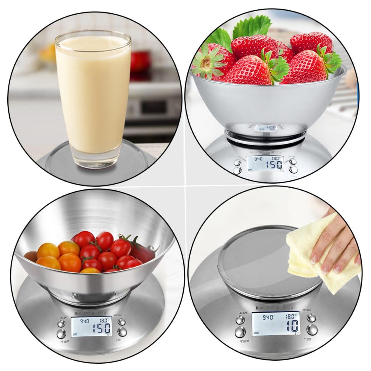 SAFIGLE Digital Kitchen Scale Stainless Steel with Detachable Bowl and Clock, High Precision Food Weighing Tool for Cooking and Meal Prep, Multipurpose Household Kitchen Random Color