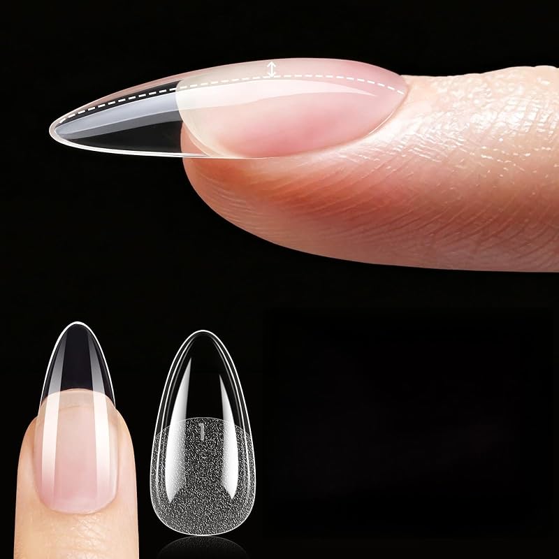 Beetles Gel Nail Tips Almond Medium Curve-EX, 640pcs 16 Sizes Etch-X | Half Matte Full Cover Soft Acrylic False Nail Tips Easy DIY Press on Nail Extension Art for Curved &Natural Nail Beds