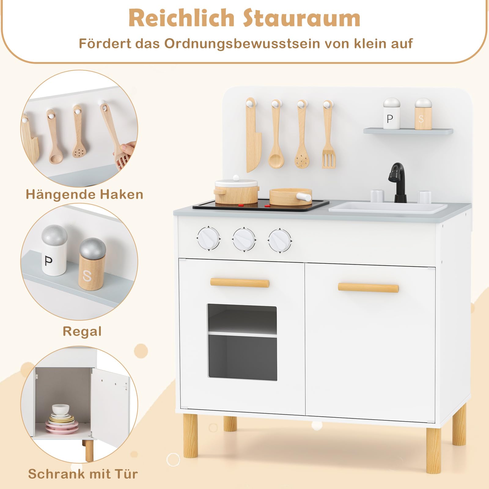 DREAMADE Kinderküche Holz mit 10 TLG. Zubehör, Kinder Küche mit Waschbecken Herd Backoffen, Mini Holzküche, Spielküche mit Licht und Geräuschen für Kleinkinder ab 3 Jahren (Weiß)