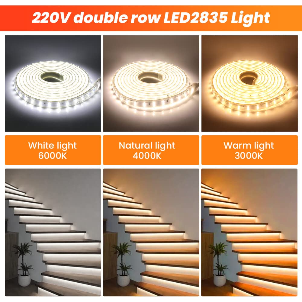 Tira LED Doble Fila 15m, 220V SMD 2835 120LEDs/m Tira Flexible Superbrillante, IP65 Impermeable, Tira de luz LED Blanco Natural con interruptor para Navidad, Bodas, Dormitorios y Armarios