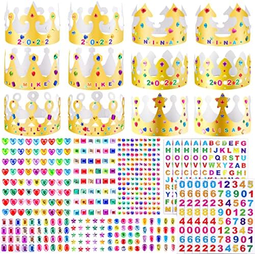 SIQUK 24 Pieces Paper Crown Golden Party Crown with 980 Pieces Gem Jewels Alphabet Number Letter Stickers Crown Decorating Kit for Kids Adults Party and Celebration, Lovely Style
