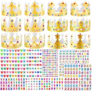 SIQUK 24 Pieces Paper Crown Golden Party Crown with 980 Pieces Gem Jewels Alphabet Number Letter Stickers Crown Decorating Kit for Kids Adults Party and Celebration, Lovely Style