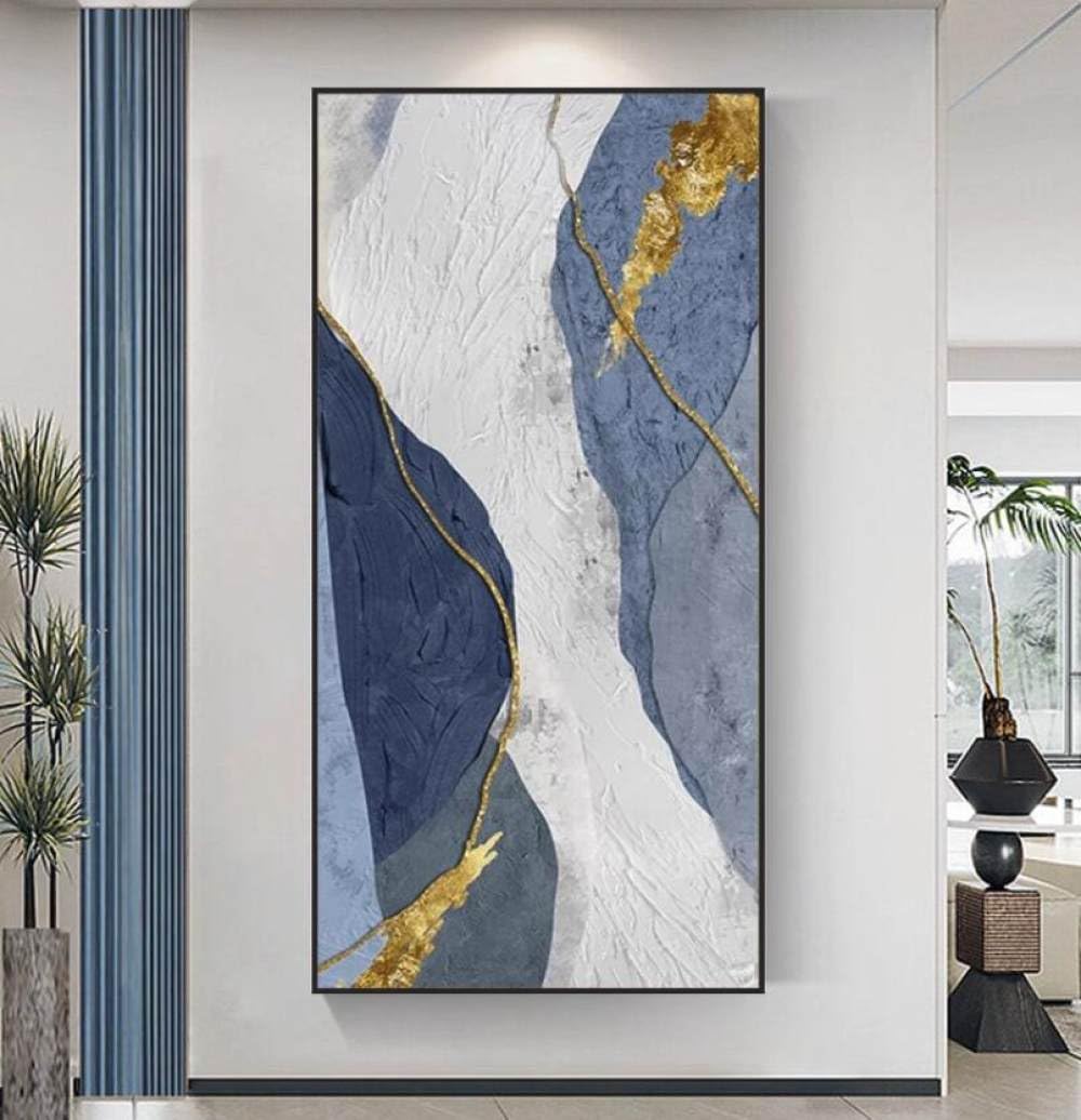 Peinture à l'huile abstraite bleue sur toile pour habiller un grand mur vide d'escalier