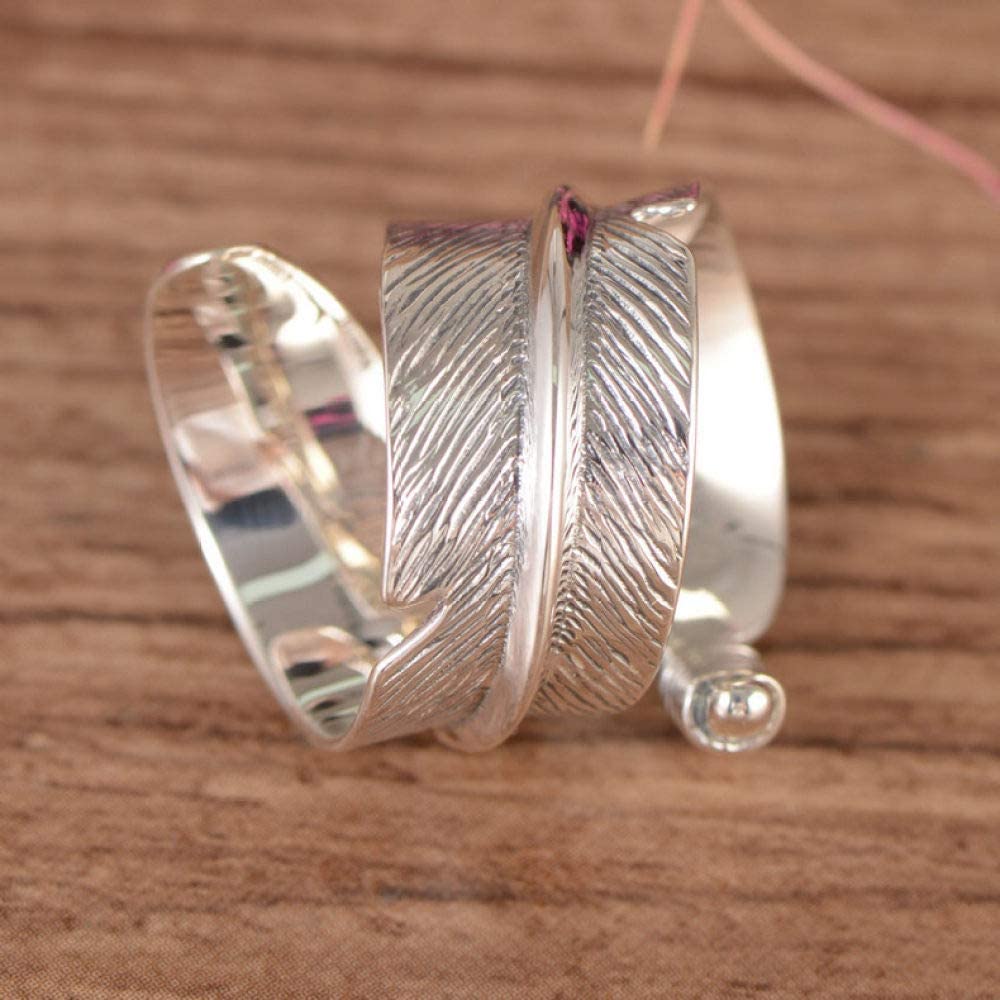 Frauen einstellbarer Ring, S925 Eingelegtes grüne Achatfedern Neuheit Open Finger Ring für Hochzeits Geburtstagsfeier Schmuck