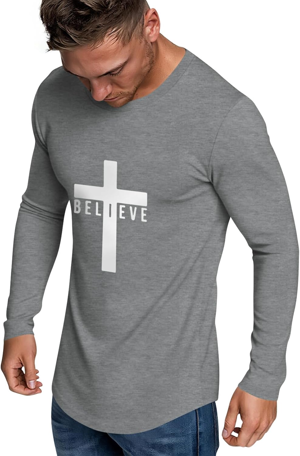Men's Long Sleeve Crewneck Graphic Tee Believe Cross Print Christian Shirts Workout Shirts