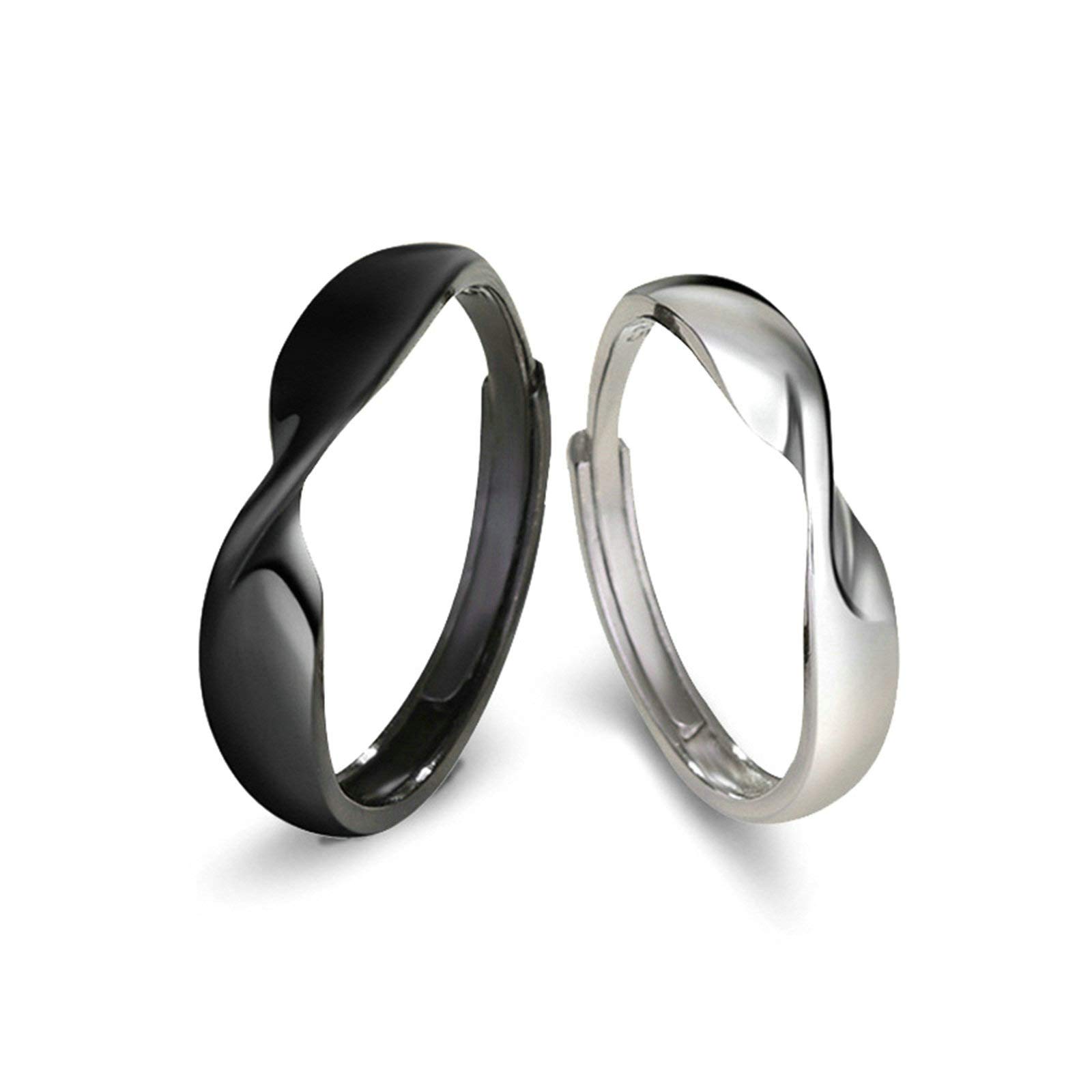 WBDWWTD Ringe-Sets für Sie und Ihn in Schwarz, passende Ringe für Paare, individueller 925er-Sterlingsilber, Verstellbarer schwarzer Mobius-Ring aus Silber