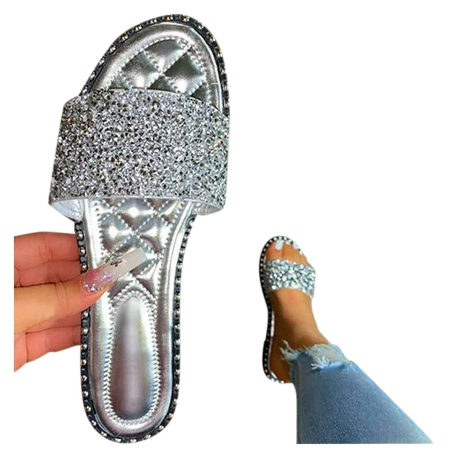 XHLEMON Women's Open Toe Flat Sandals Rhinestone Glitter On Casual Fashion Slippers Summer Beach Slip on Slipper Sandal