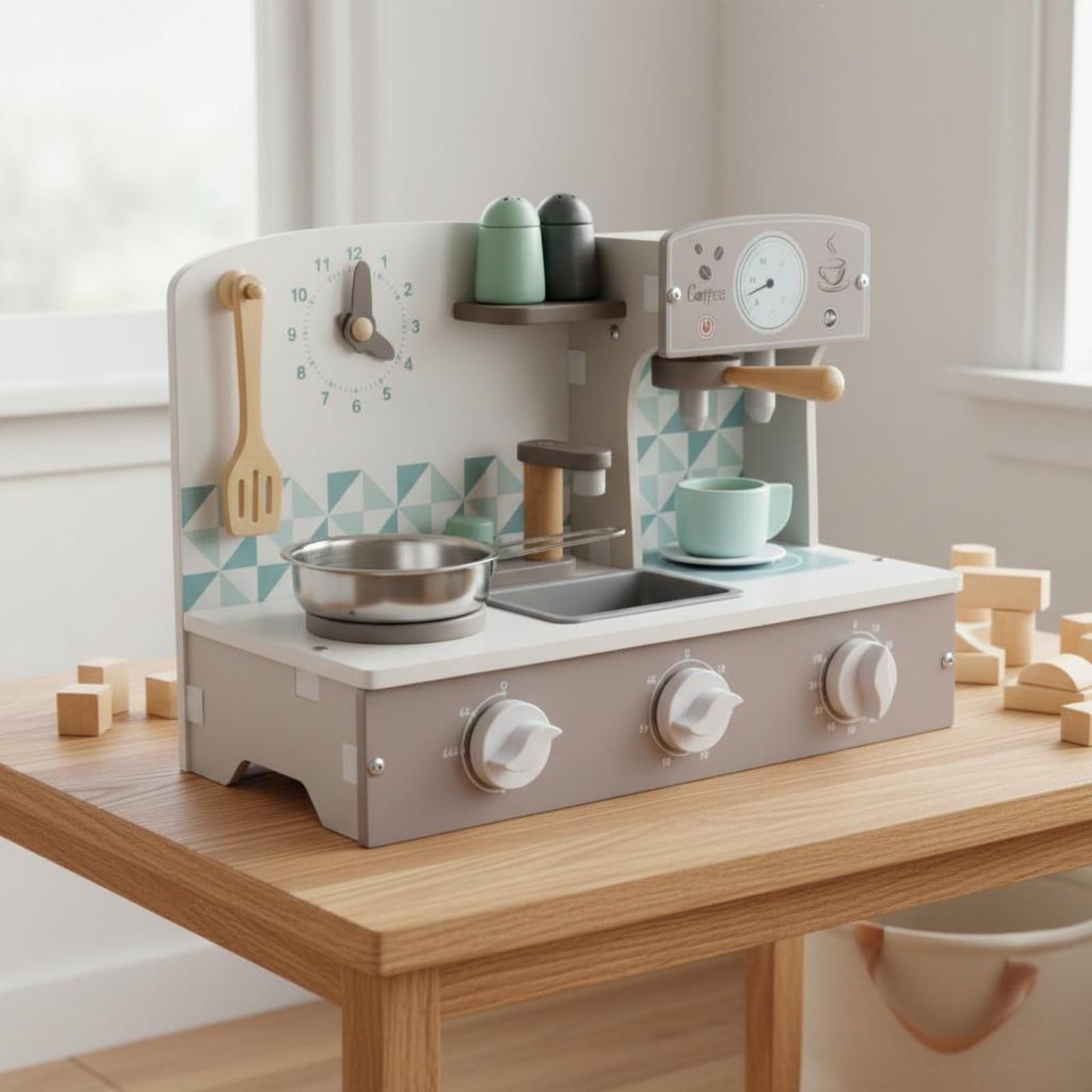Children Play Kitchen Cocina de rol Cafetera de Juguete de Repostería Reloj Lúdico Tablero Estable de Madera y Metal Adecuado para Niños 4–6 Años Actividades en Casa Preescolar