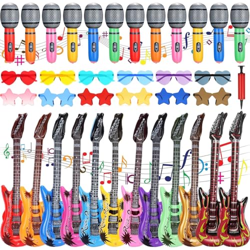 36 Pcs Inflatable Instruments Party Props Set Include 12 Inflatable Rock Star Guitars 12 Inflatable Microphones 12 Colorful Sunglasses for 80s 90s Themed Disco Party Photo Booth Decorations