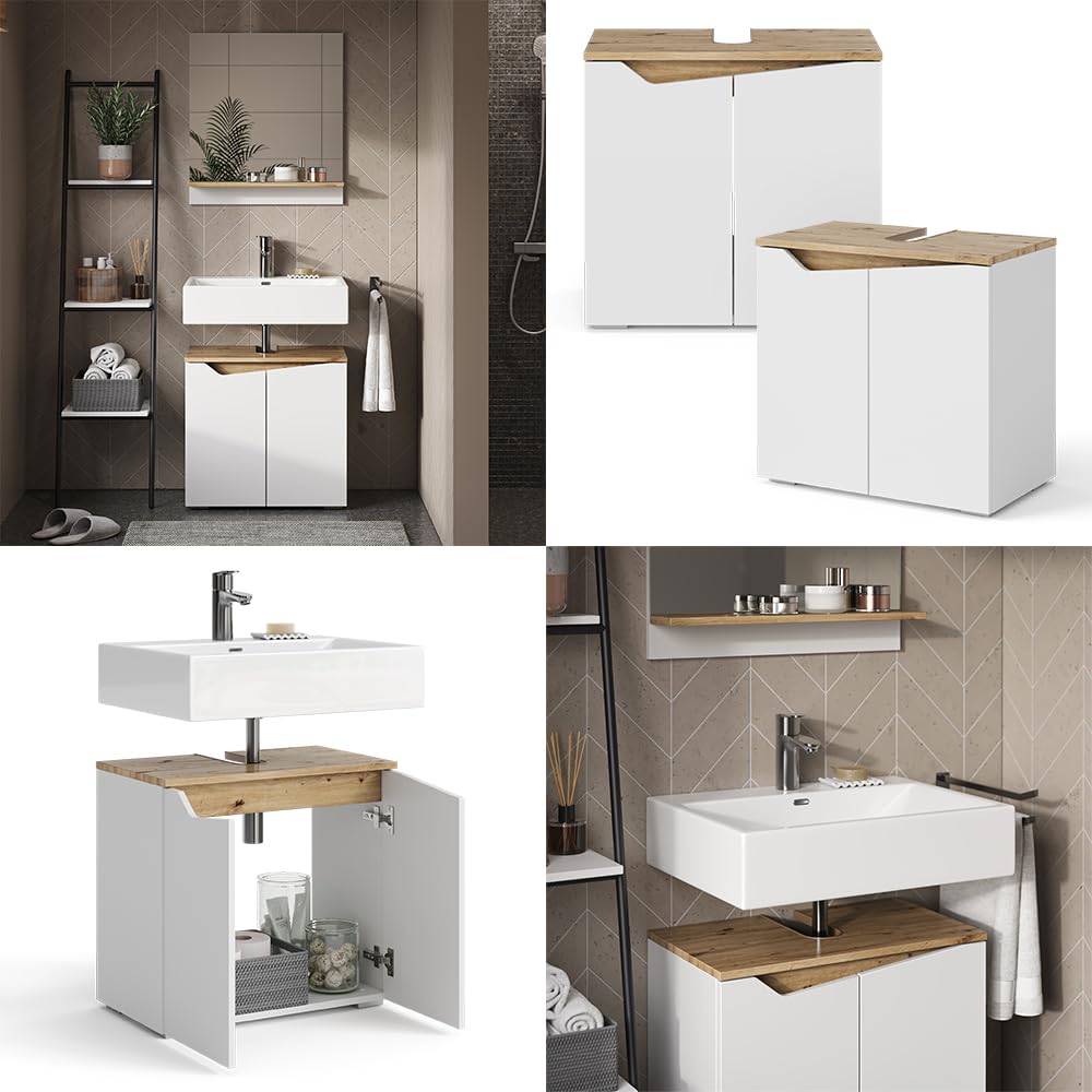 Vicco Waschbeckenunterschrank Marelle, Weiß/Artisan, 60 x 57.5 cm mit 2 Türen, mit Siphonausschnitt zur Montage unter dem Waschbecken