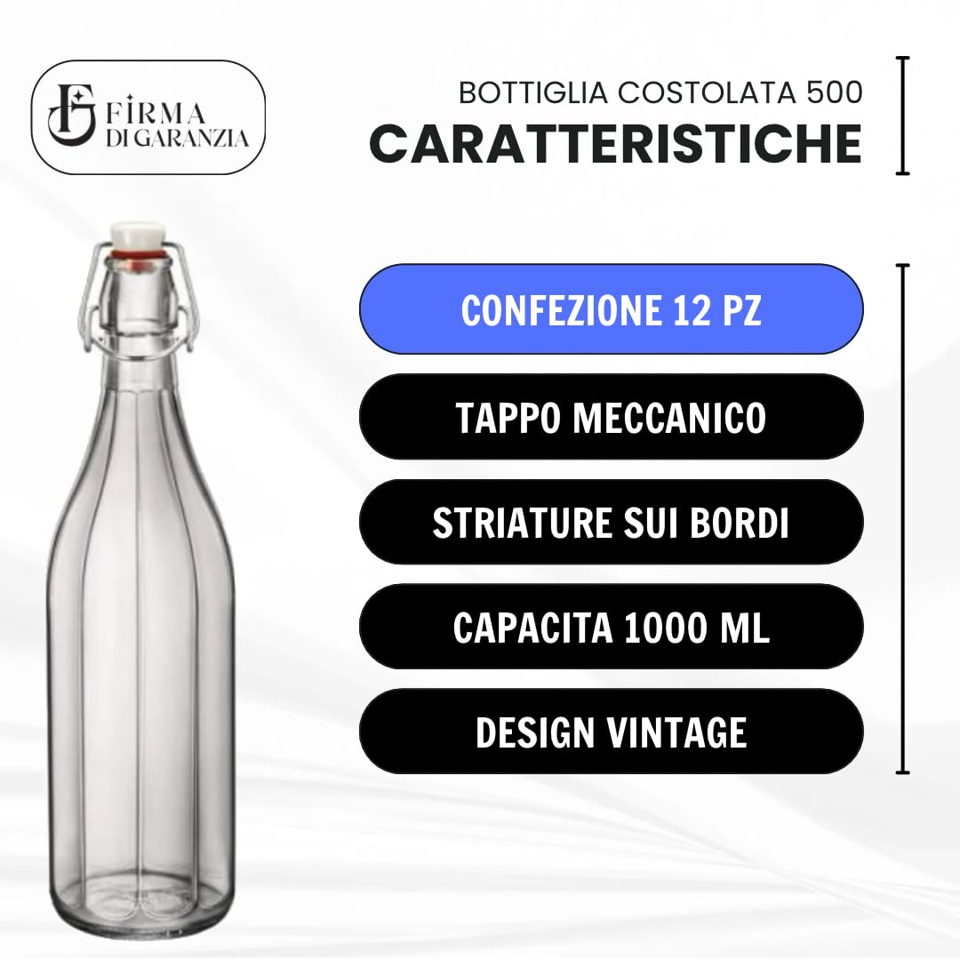 Set da 12 Bottiglia Costolata in Vetro con Tappo Ermetico da 0,5 L - Bottiglia in vetro trasparente per acqua vino e liquore con tappo meccanico e guarnizione alimentare